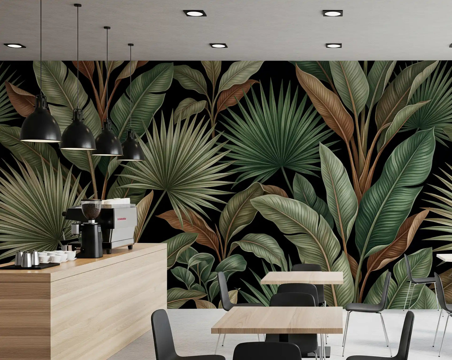 Dark botanical wall mural featuring Botanical Noir palm leaf design
