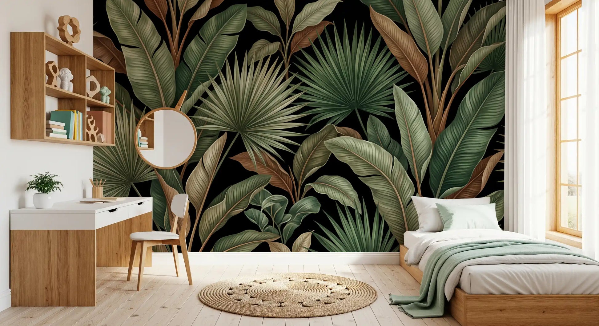 kids room setup with Botanical Noir wall mural and green foliage