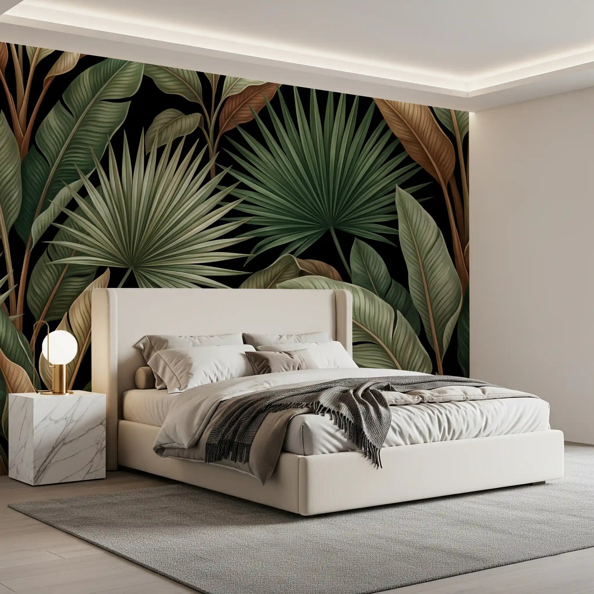 Bedroom wall featuring Botanical Noir wall mural with palm leaf pattern