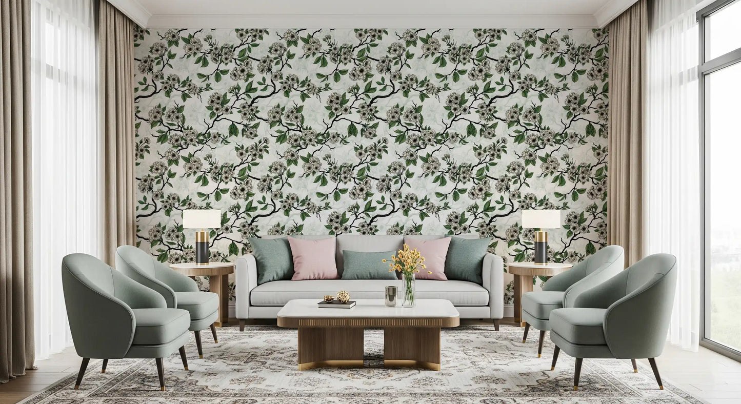 Living room styled with Cherry Blossom on White wallpaper and green leaves