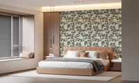 Bedroom wall featuring Cherry Blossom on White wallpaper with floral pattern