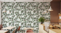 Cafe area setup with Cherry Blossom on White wallpaper and branches