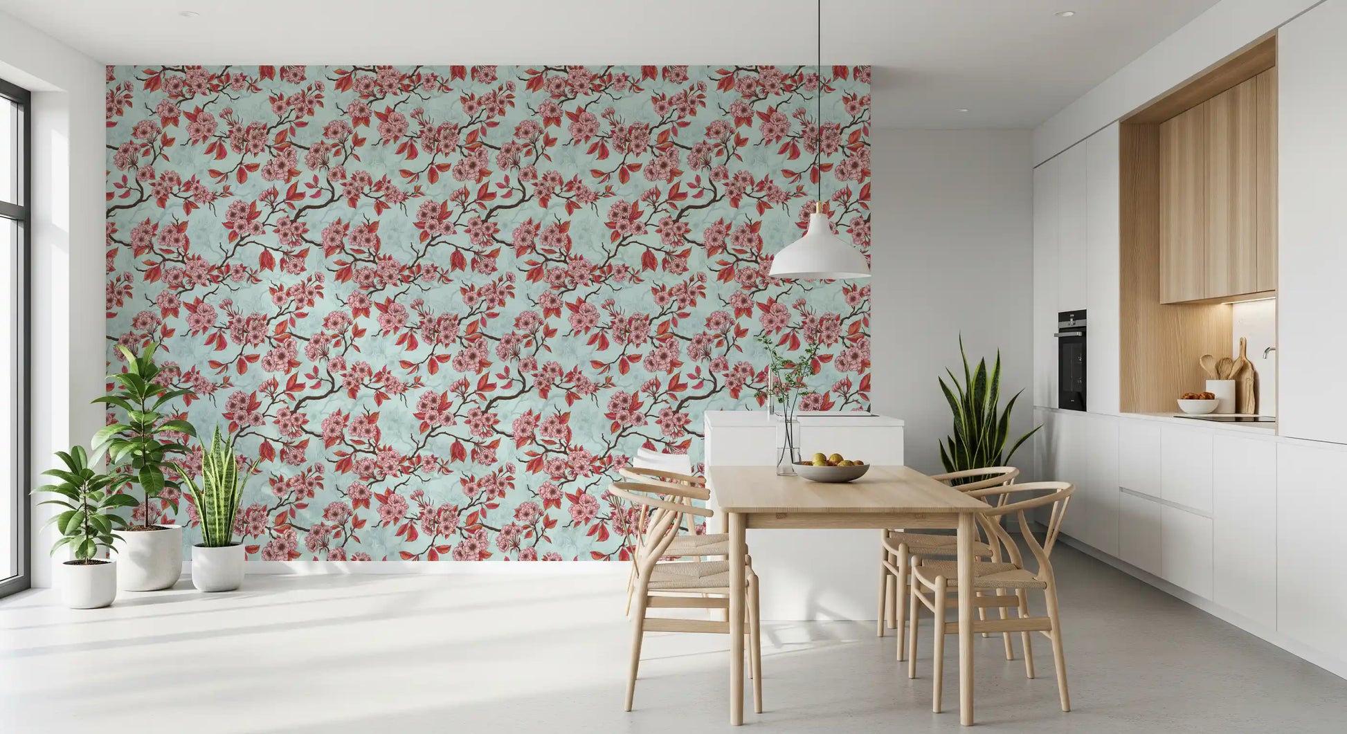 Cherry Blossom on Sea Glass wallpaper showing layered branch layout
