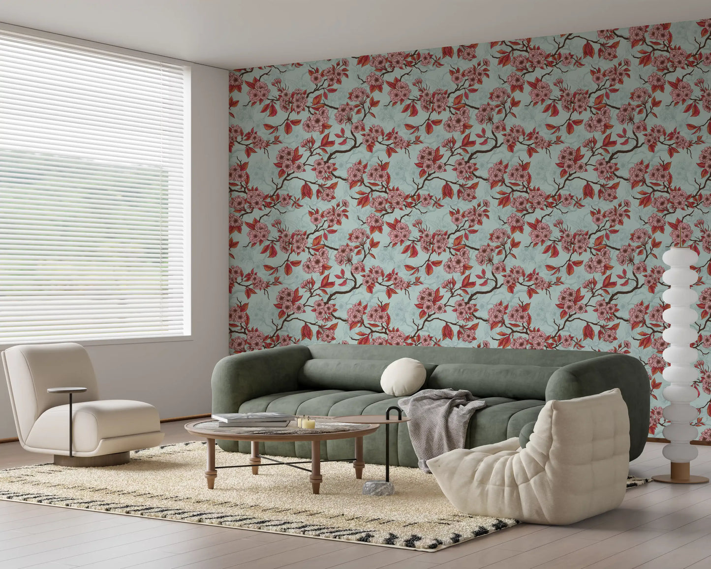 Nature-inspired wallpaper with Cherry Blossom on Sea Glass pattern