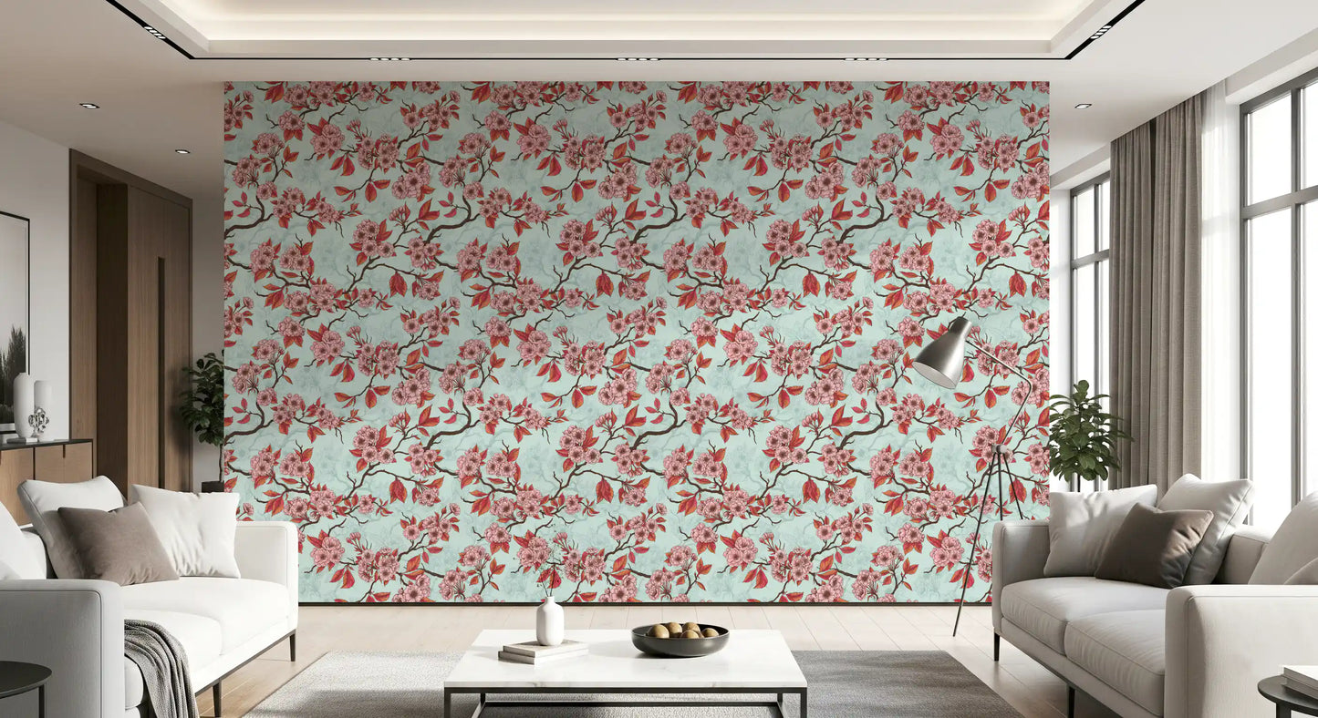 Cherry Blossom on Sea Glass wallpaper with pink floral branch pattern