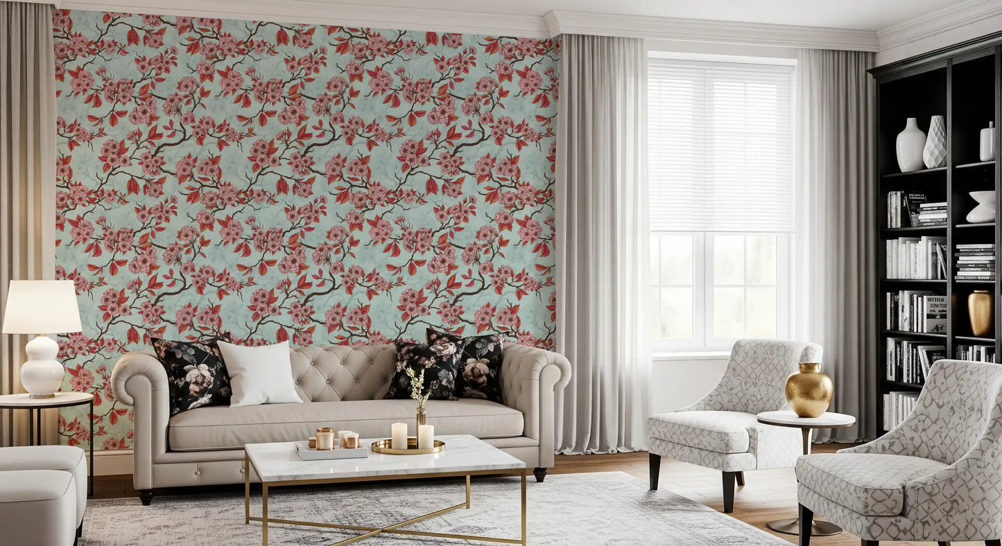 Floral branch wallpaper featuring Cherry Blossom on Sea Glass soft design