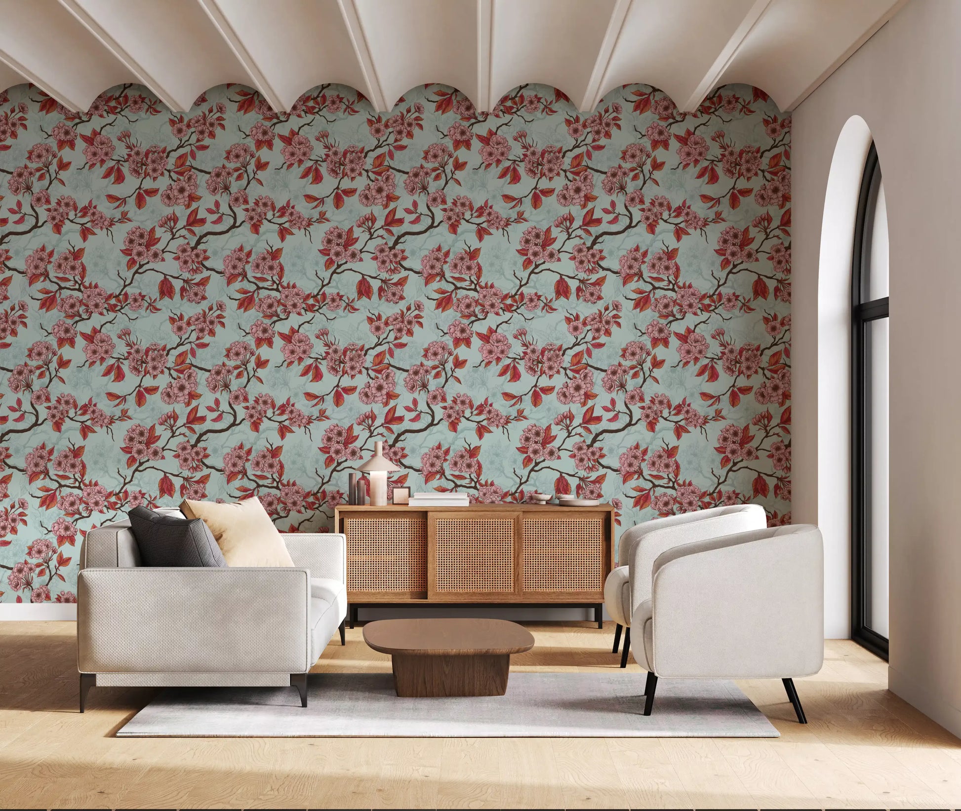 Living room styled with Cherry Blossom on Sea Glass wallpaper in blue tones