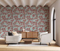 Living room styled with Cherry Blossom on Sea Glass wallpaper in blue tones