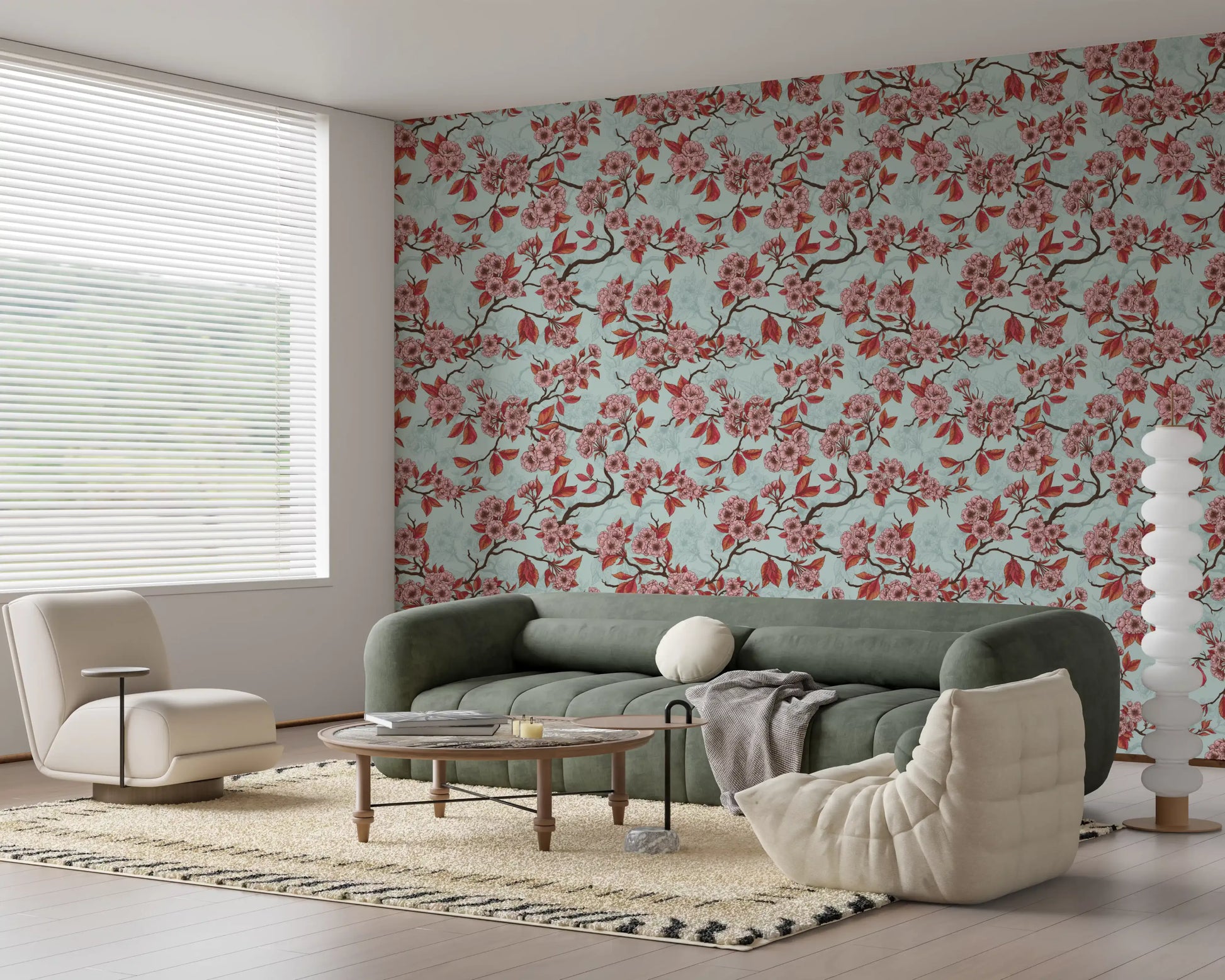 Hallway design using Cherry Blossom on Sea Glass wallpaper in soft palette