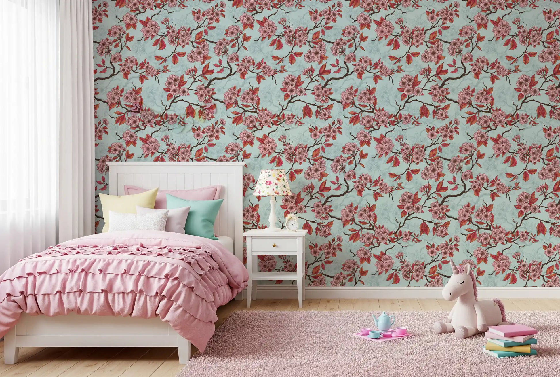 Bedroom wall featuring Cherry Blossom on Sea Glass wallpaper with florals