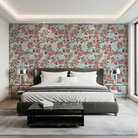 Botanical wallpaper with Cherry Blossom on Sea Glass detailed flowers