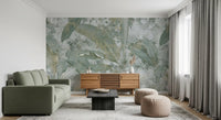 Botanical wall mural featuring Sage Green Tropical Botanical soft foliage