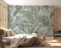 Bedroom wall featuring Sage Green Tropical Botanical wall mural with leaves
