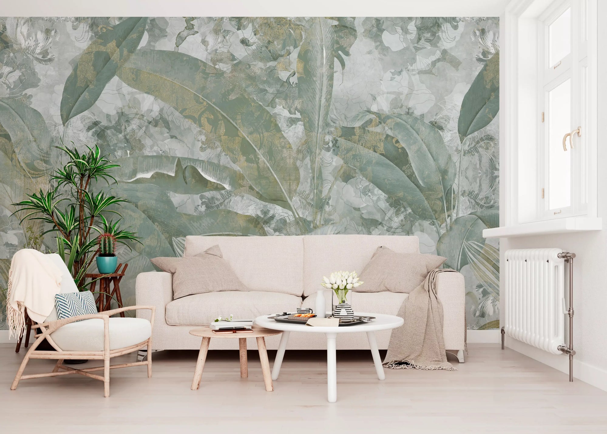 Hallway design using Sage Green Tropical Botanical wall mural in green hues