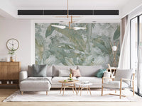 Office room setup with Sage Green Tropical Botanical wall mural and texture