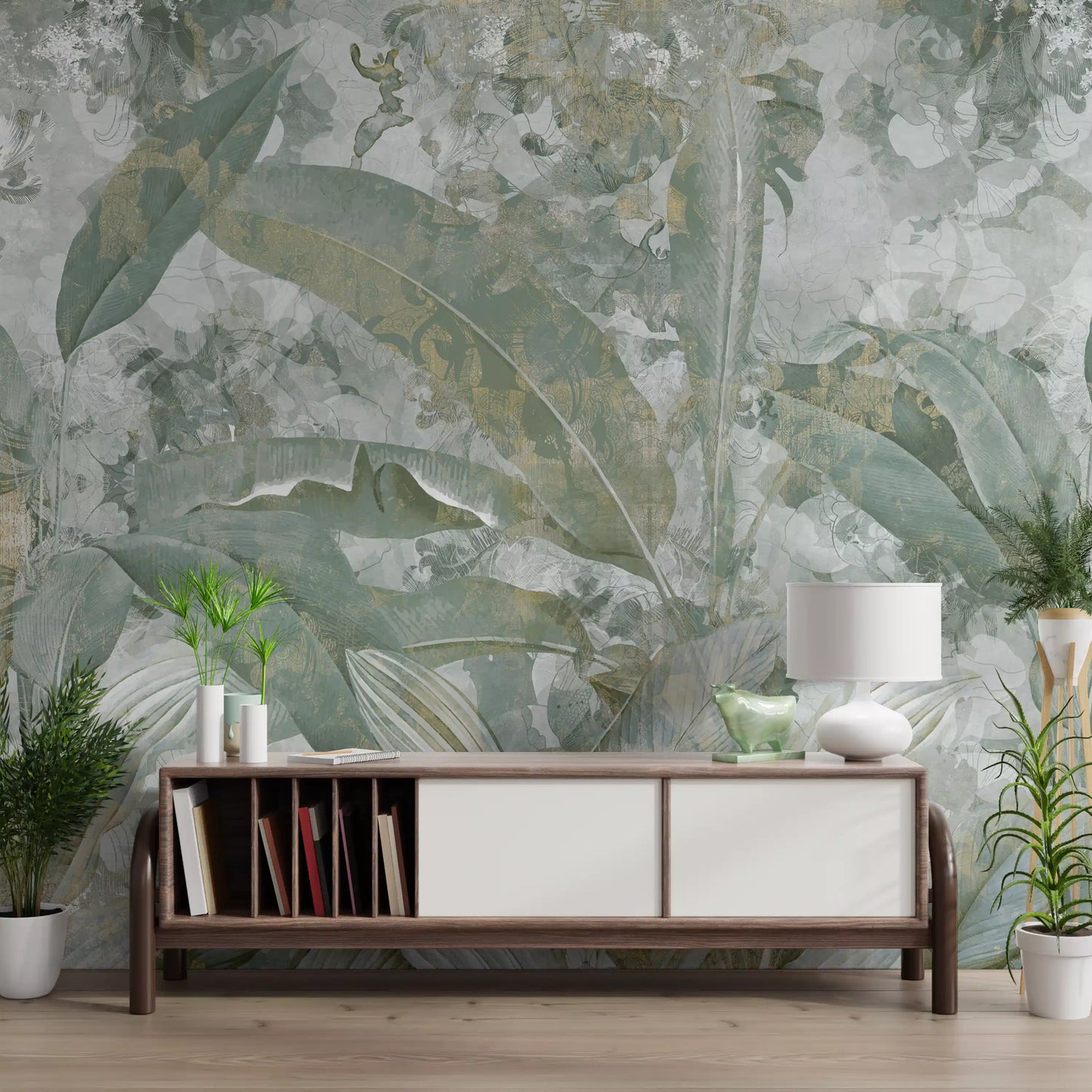 Sage Green Tropical Botanical wall mural with layered tropical leaf design