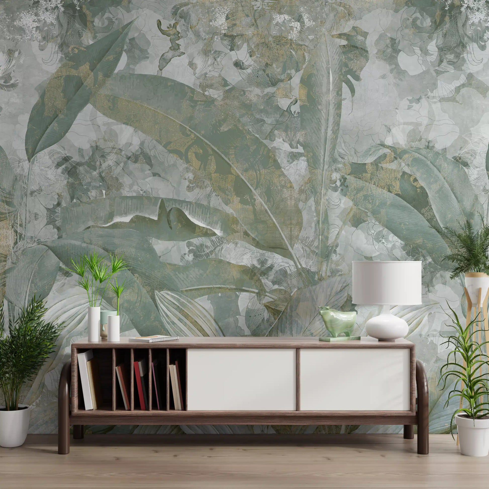 Sage Green Tropical Botanical wall mural with layered tropical leaf design