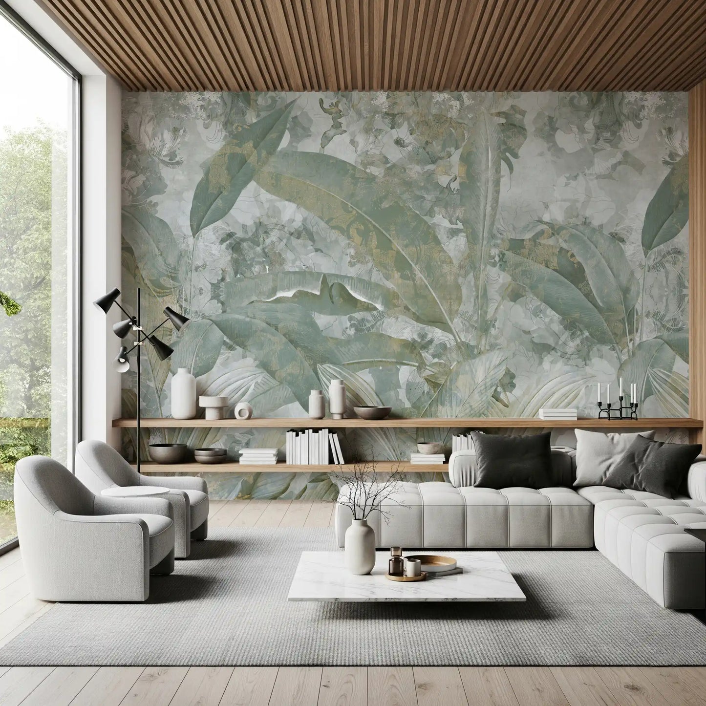 Living room styled with Sage Green Tropical Botanical wall mural in soft tones