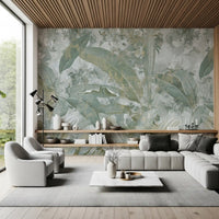 Living room styled with Sage Green Tropical Botanical wall mural in soft tones