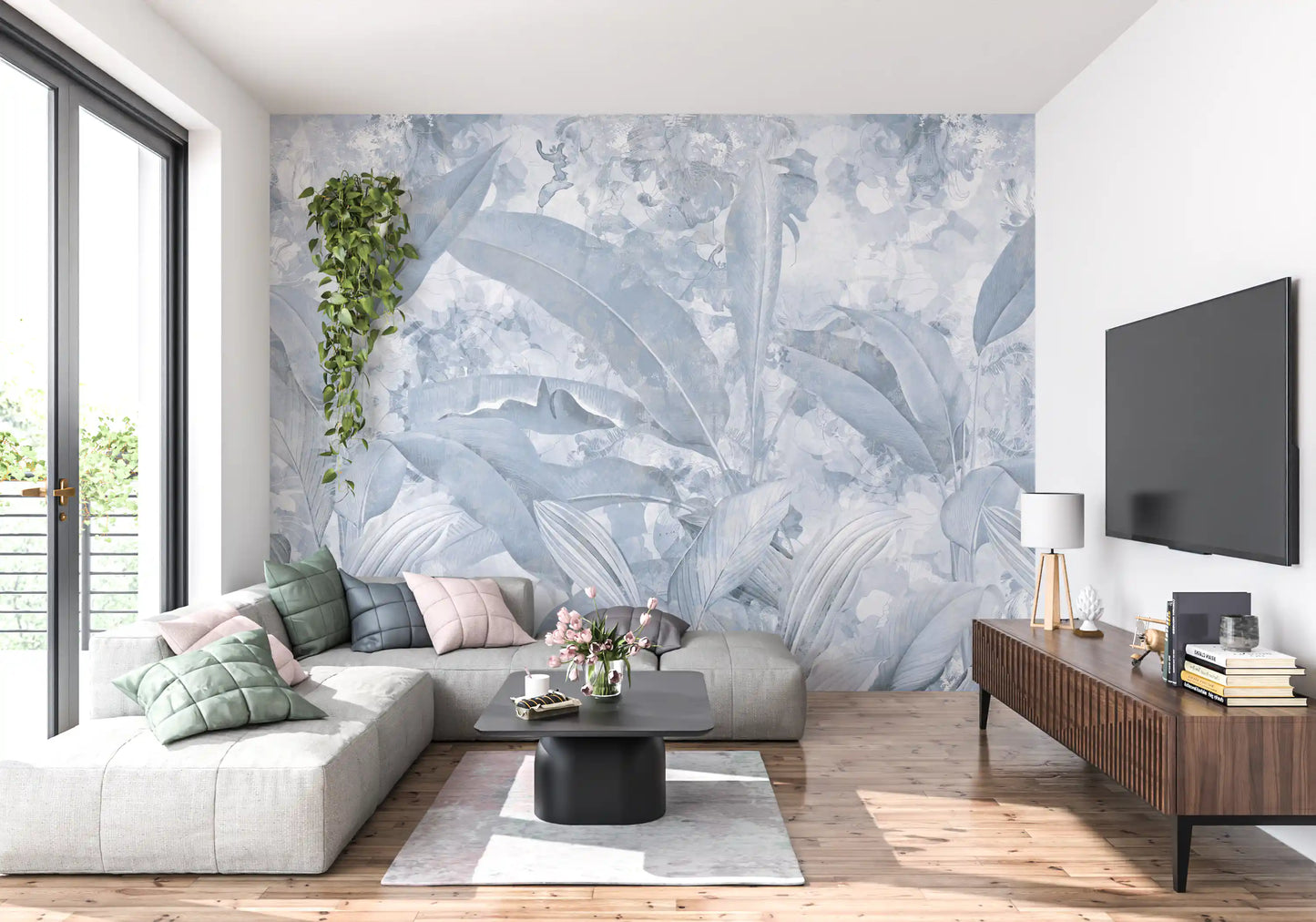 Misty Blue Tropical Palm wall mural with layered palm leaf design