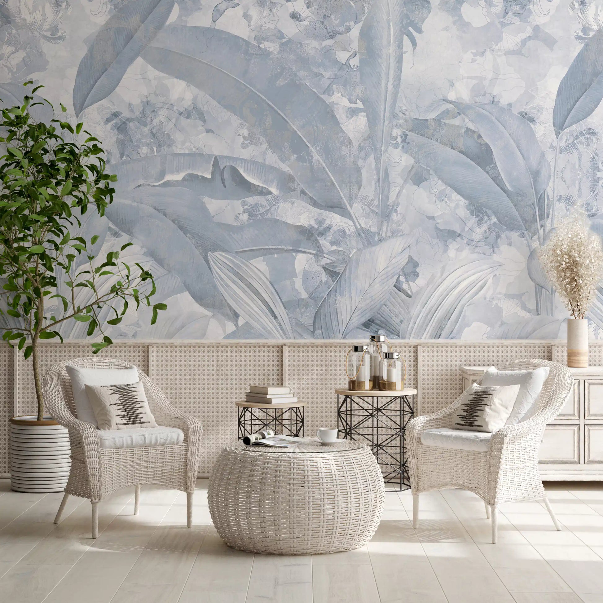 Botanical wall mural with Misty Blue Tropical Palm subtle texture