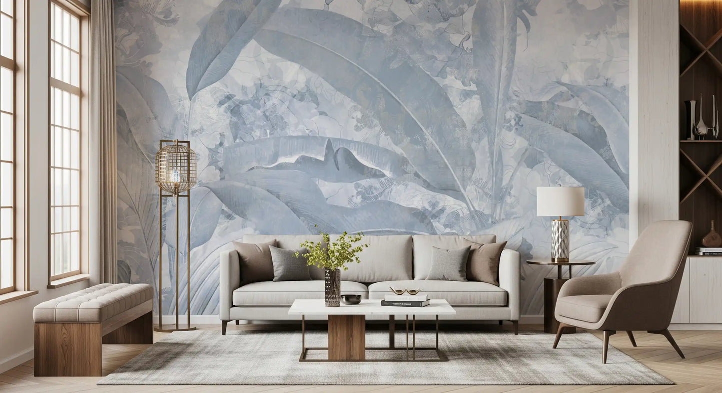 Misty Blue Tropical Palm wall mural showing large leaf layering