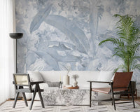 Hallway setup with Misty Blue Tropical Palm wall mural and texture