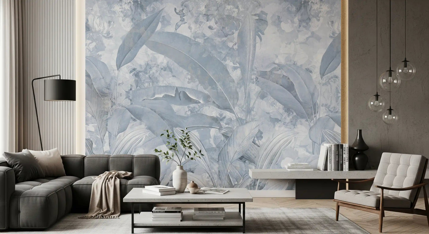 Nature-inspired wall mural with Misty Blue Tropical Palm calm design
