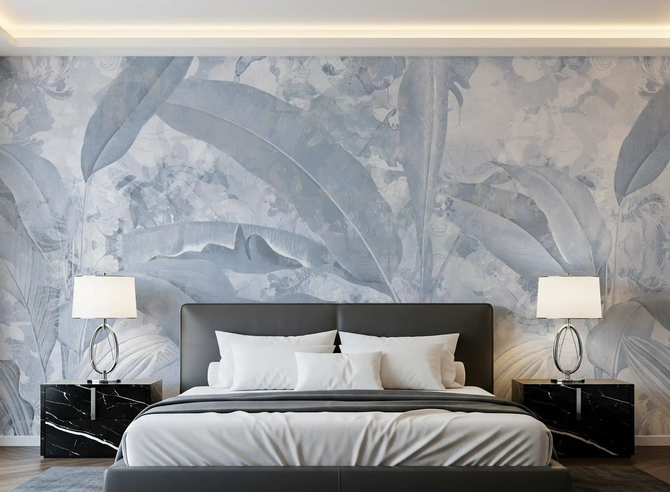 Bedroom wall featuring Misty Blue Tropical Palm wall mural with foliage
