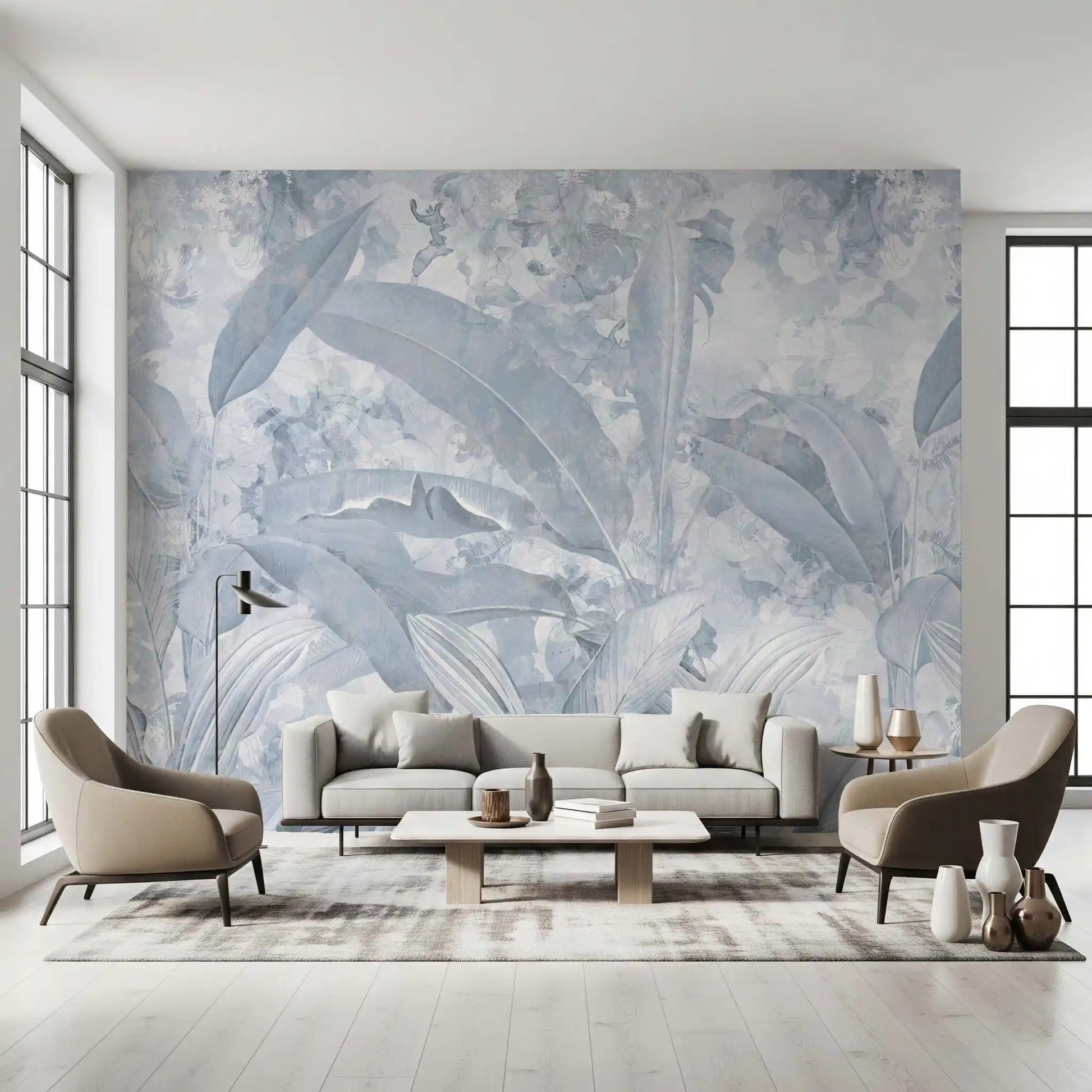 Living room styled with Misty Blue Tropical Palm wall mural in soft tones