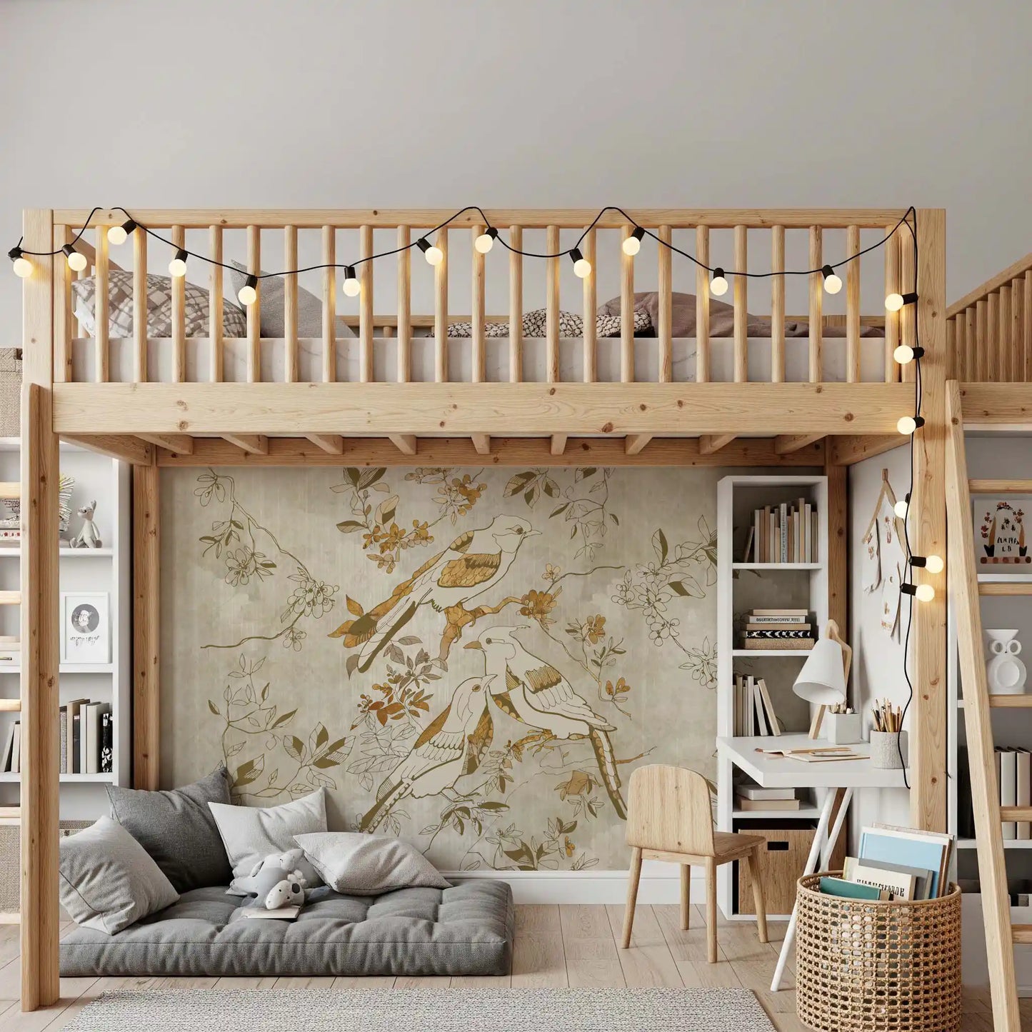 Subtle nature wall mural with Golden Orchard Bird calm design
