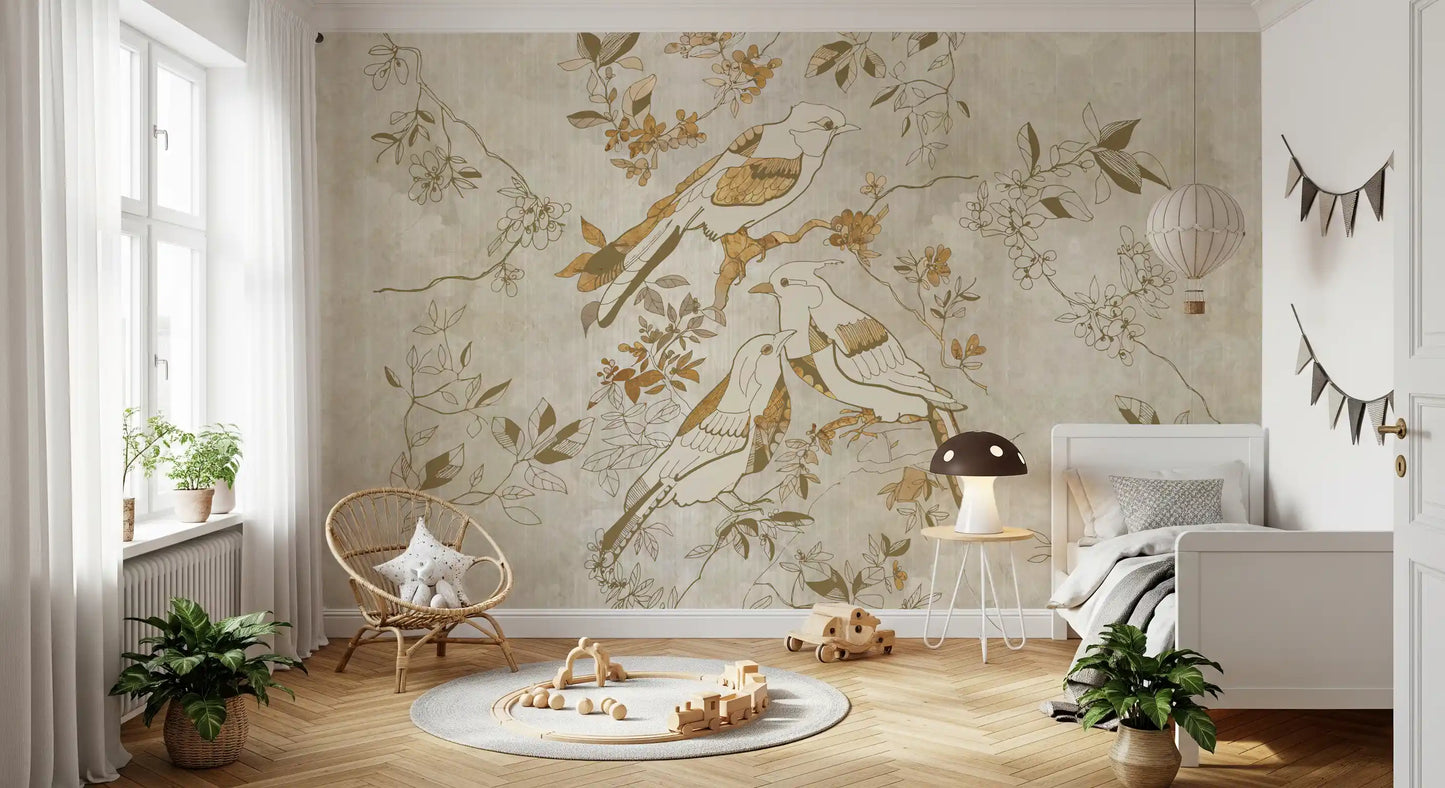 Nature bird wall mural featuring Golden Orchard Bird soft composition