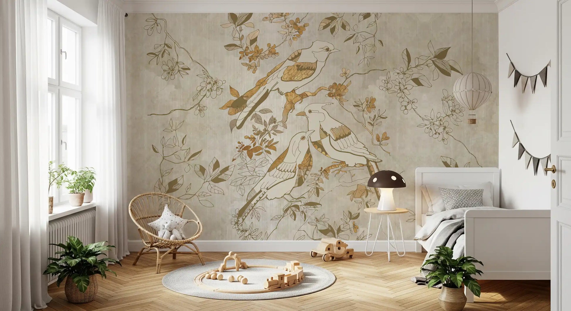 Nature bird wall mural featuring Golden Orchard Bird soft composition