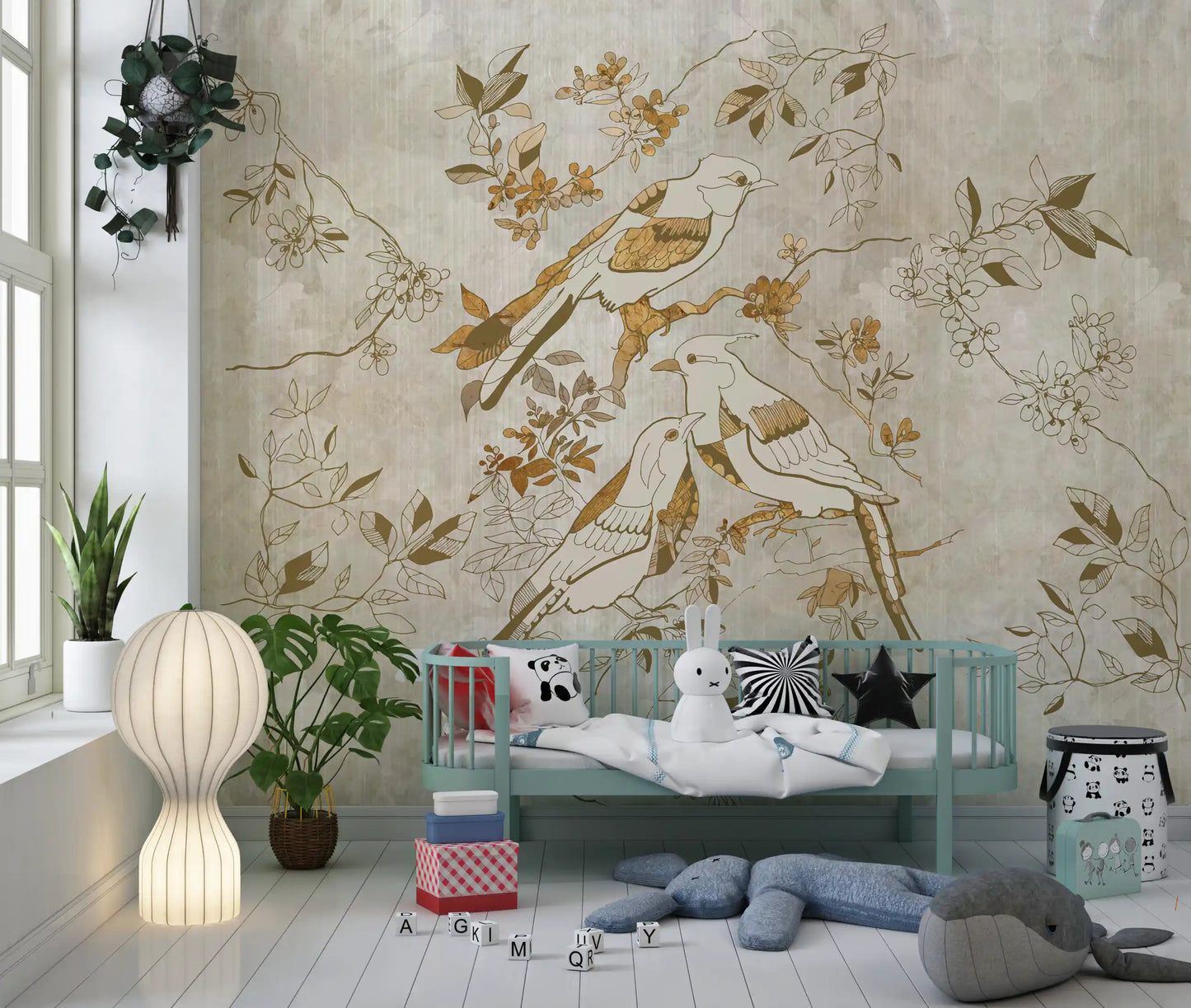 Golden Orchard Bird wall mural with birds perched on floral branches