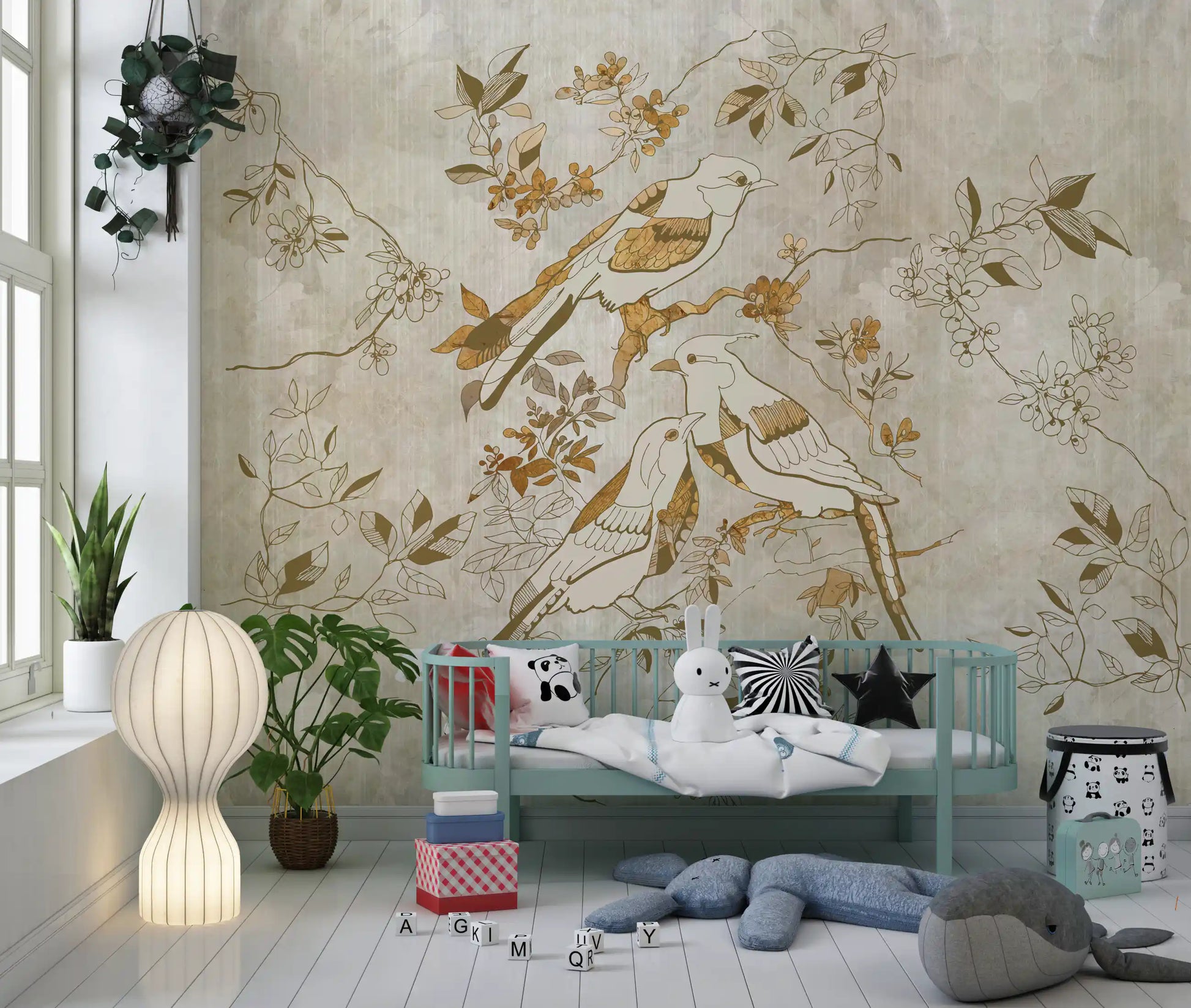 Golden Orchard Bird wall mural with birds perched on floral branches