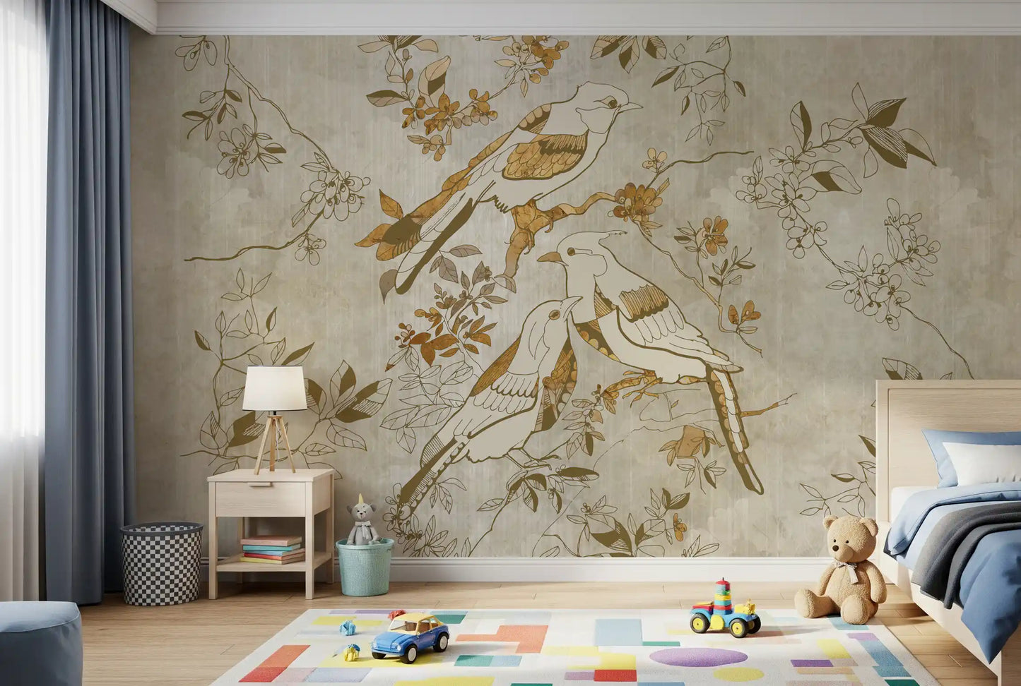 Golden Orchard Bird wall mural showing layered branches and birds