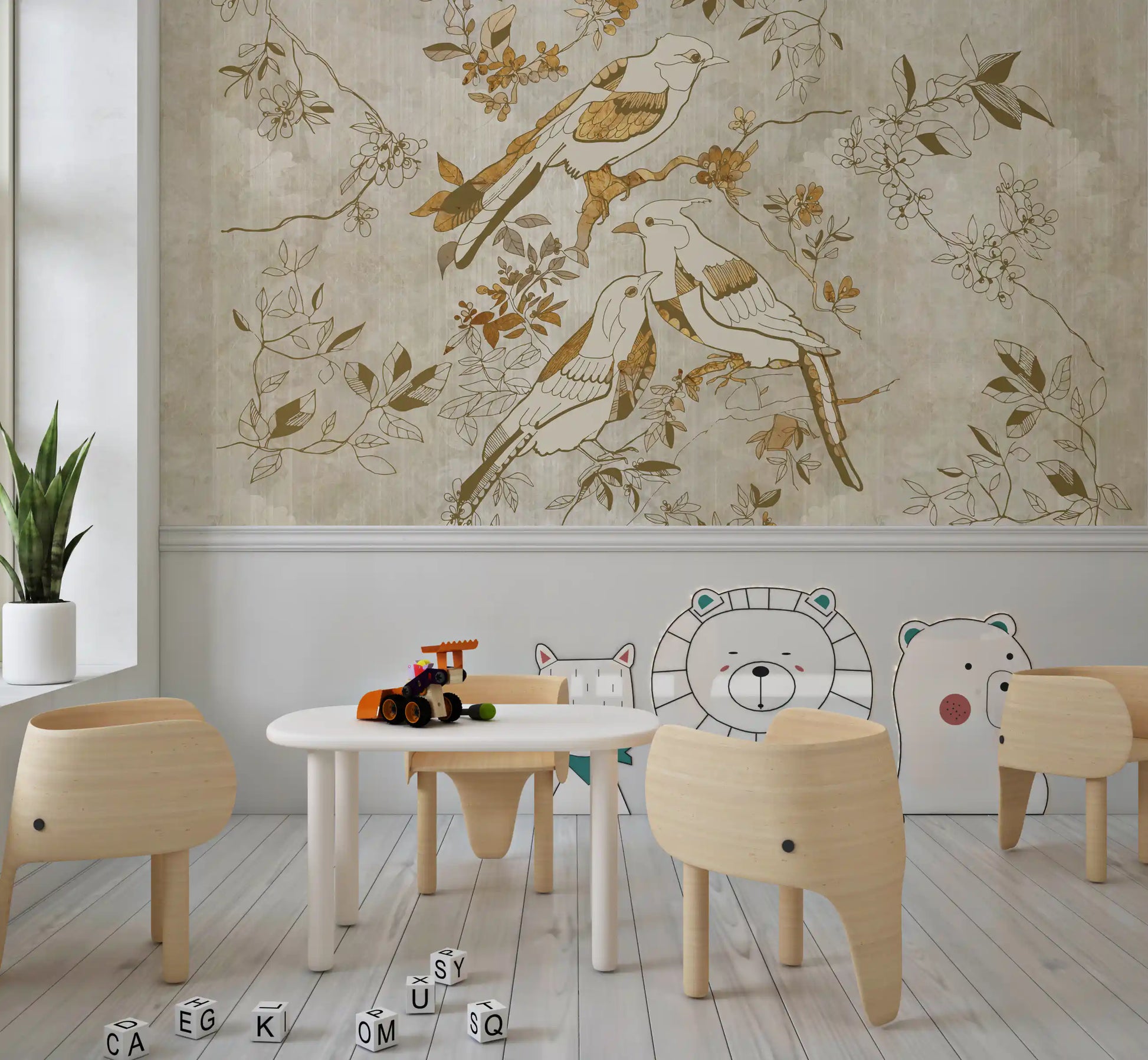 Botanical bird wall mural with Golden Orchard Bird detailed linework