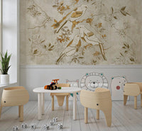 Botanical bird wall mural with Golden Orchard Bird detailed linework