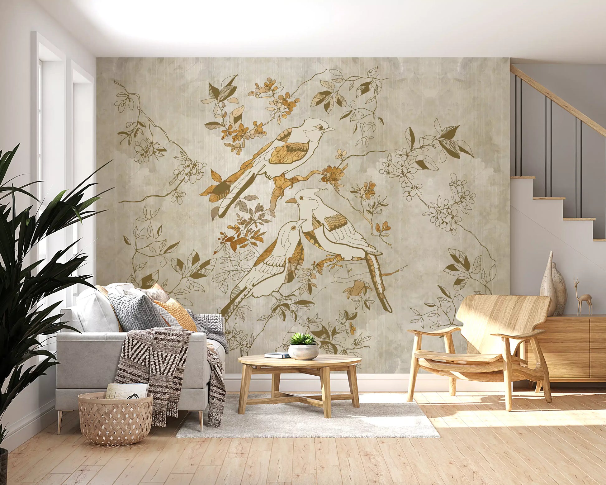 Hallway design using Golden Orchard Bird wall mural in warm beige tones