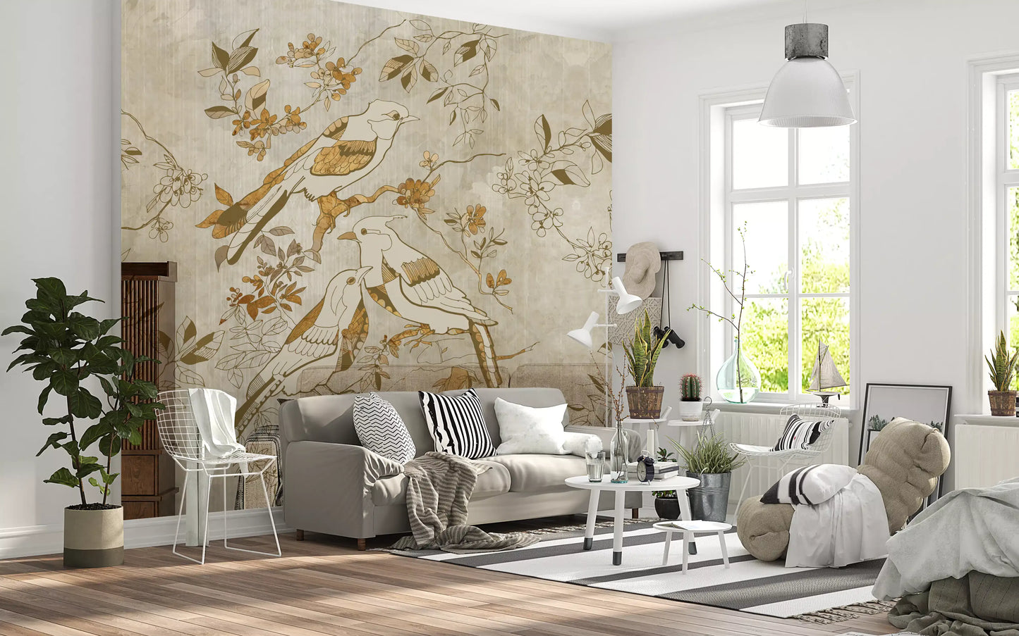 Living room styled with Golden Orchard Bird wall mural and floral branches