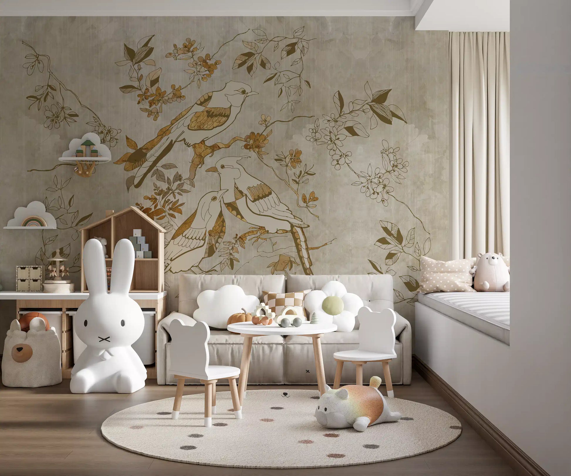 Golden Orchard Bird wall mural with delicate leaves and warm tones