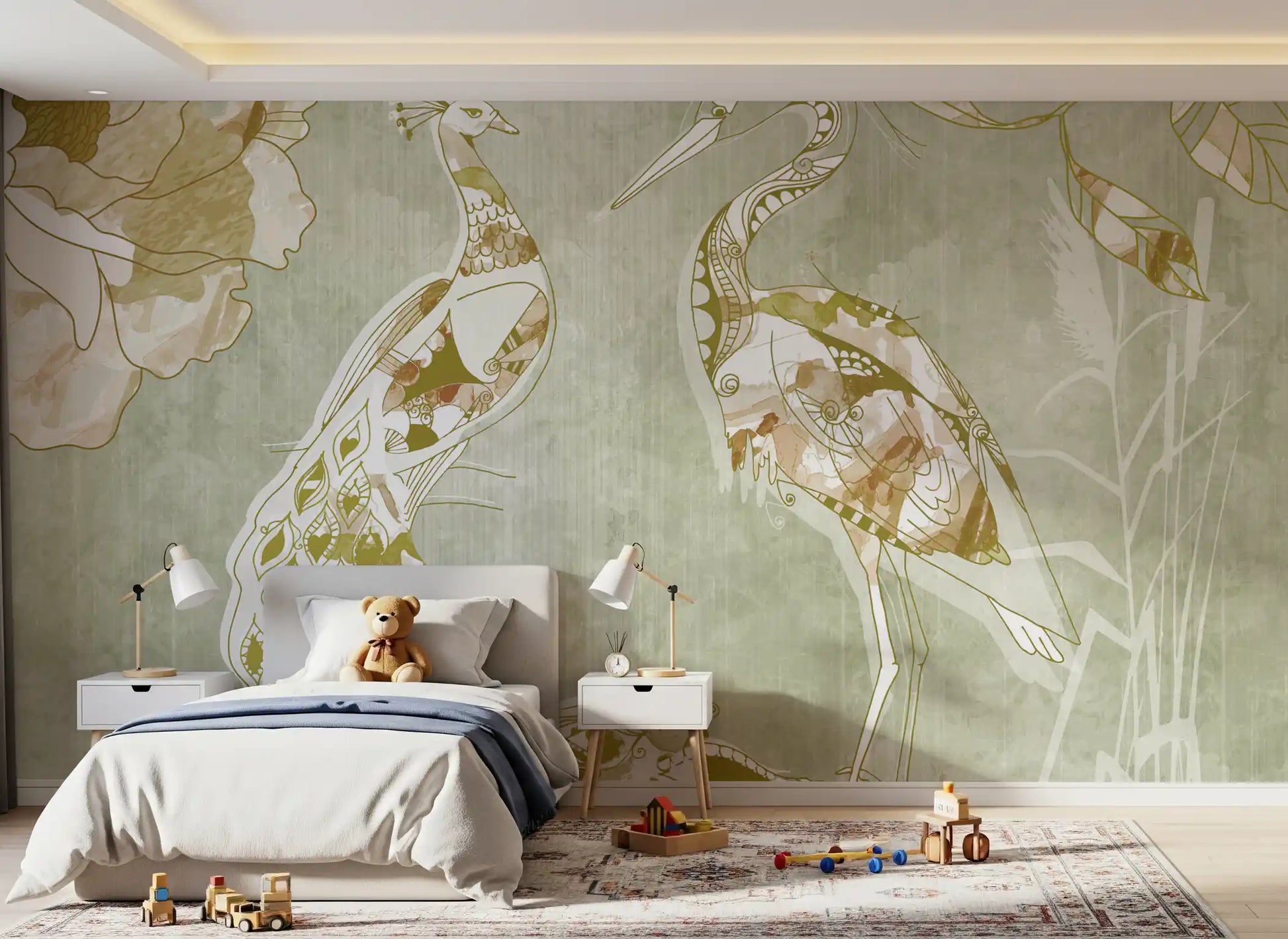 Emerald Green Peacock wall mural with floral accents and soft background
