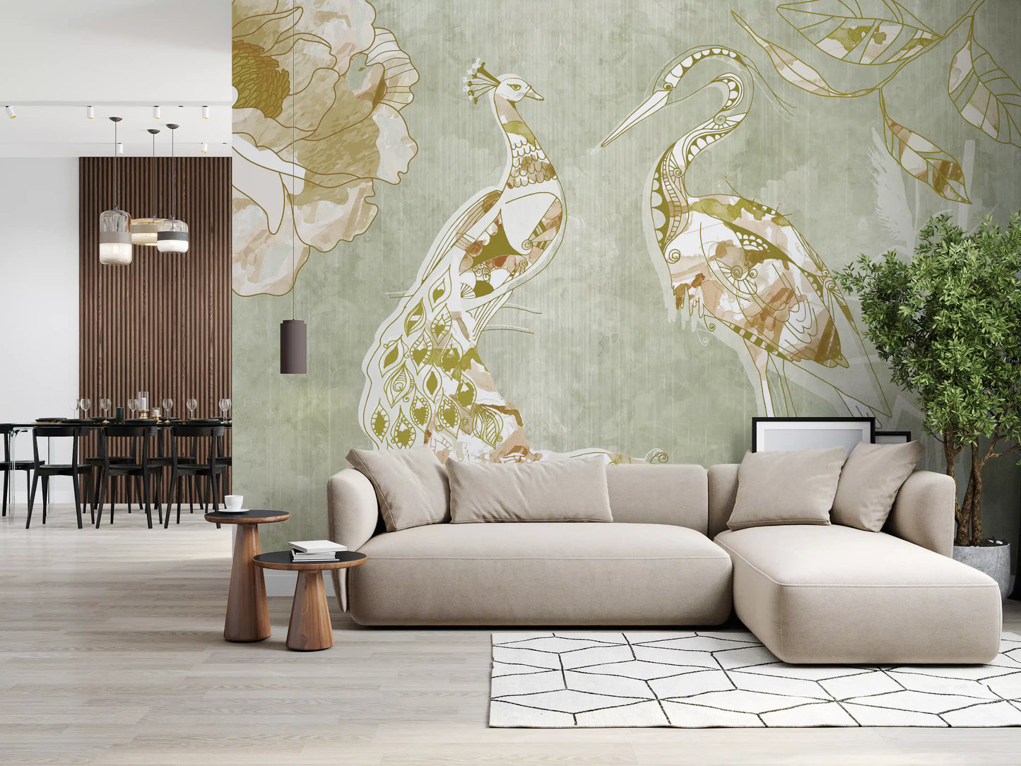 Living room styled with Emerald Green Peacock wall mural and bird design