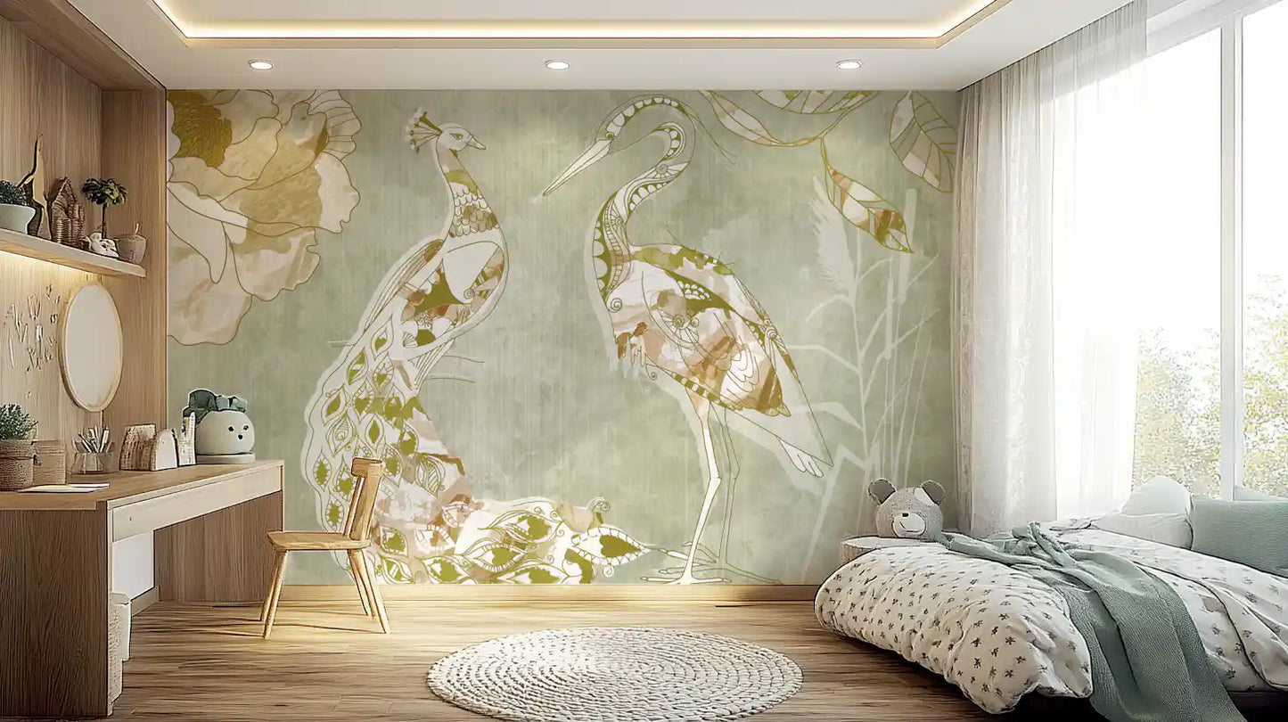 Bedroom wall featuring Emerald Green Peacock wall mural with floral detail