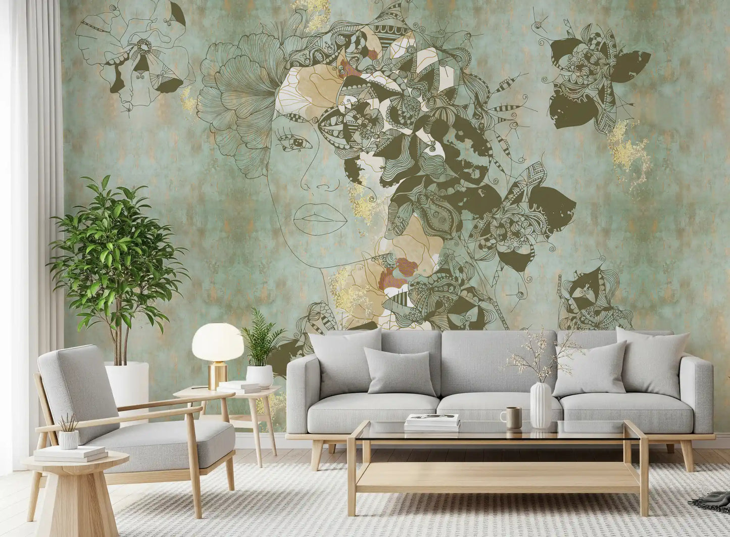 Artistic woman portrait wall mural featuring Vintage Blue Floral design