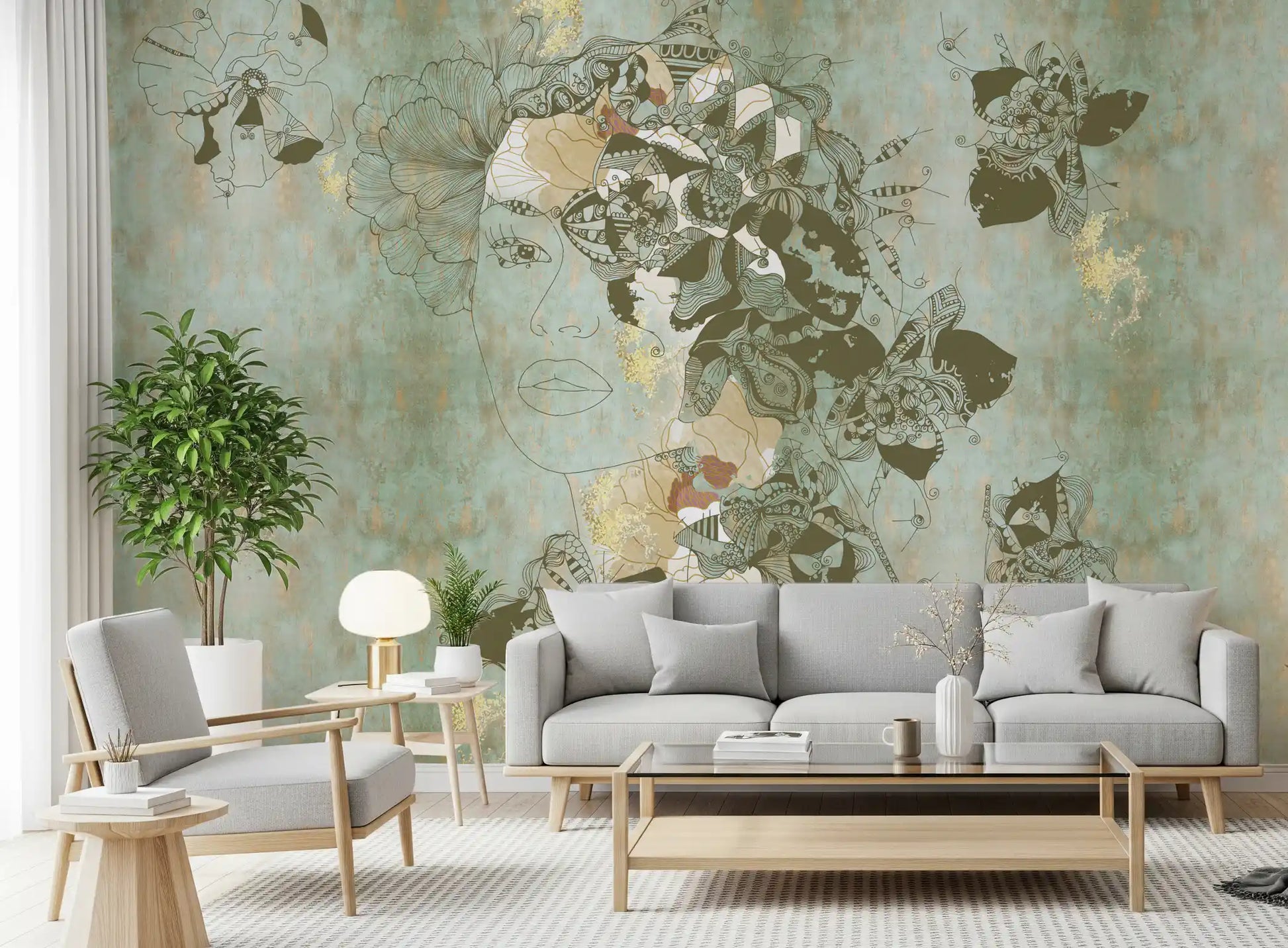 Artistic woman portrait wall mural featuring Vintage Blue Floral design