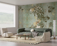 Vintage Blue Floral Woman Portrait wall mural with butterfly details