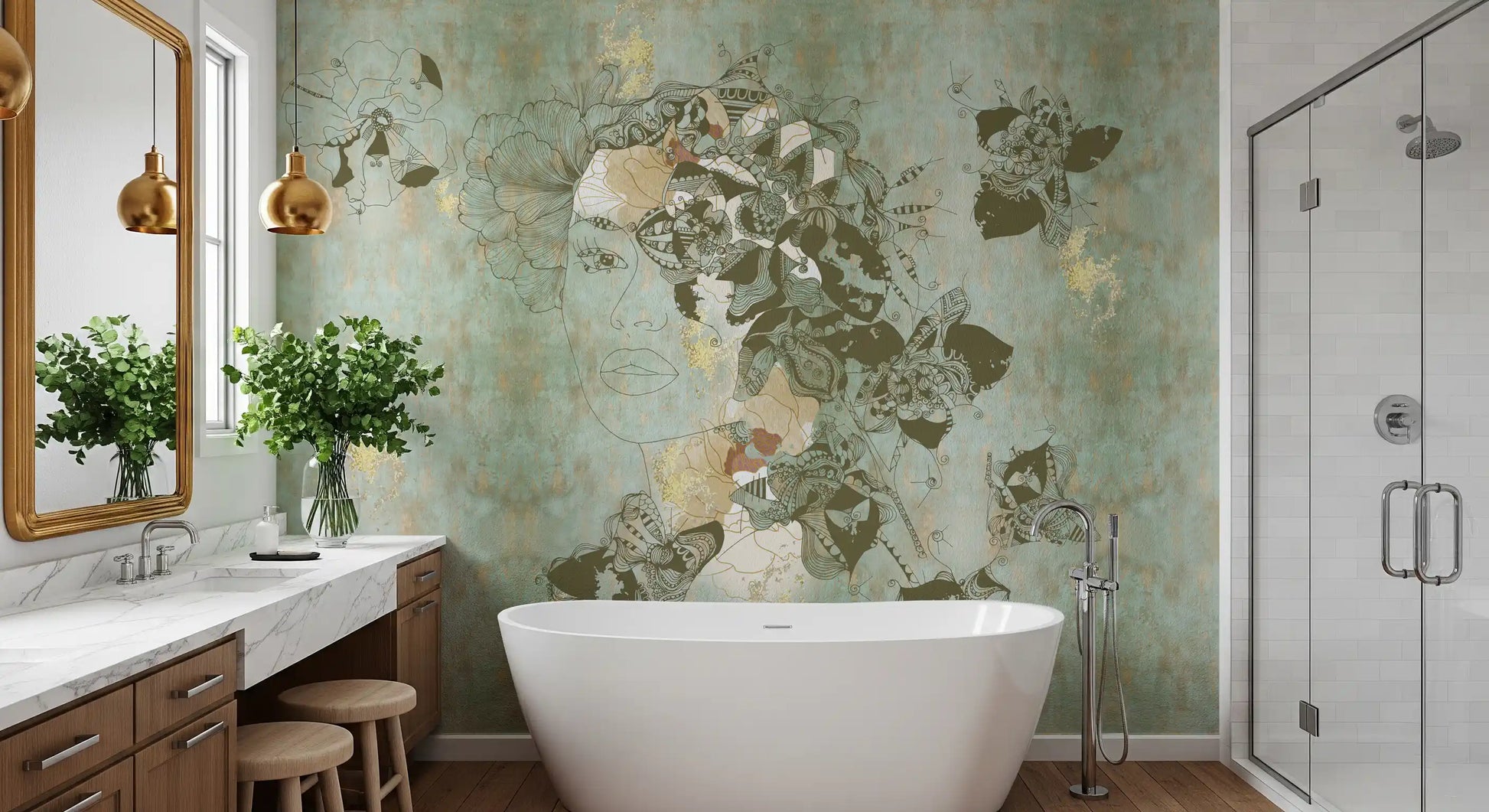 Vintage Blue Floral Woman Portrait wall mural showing floral elements