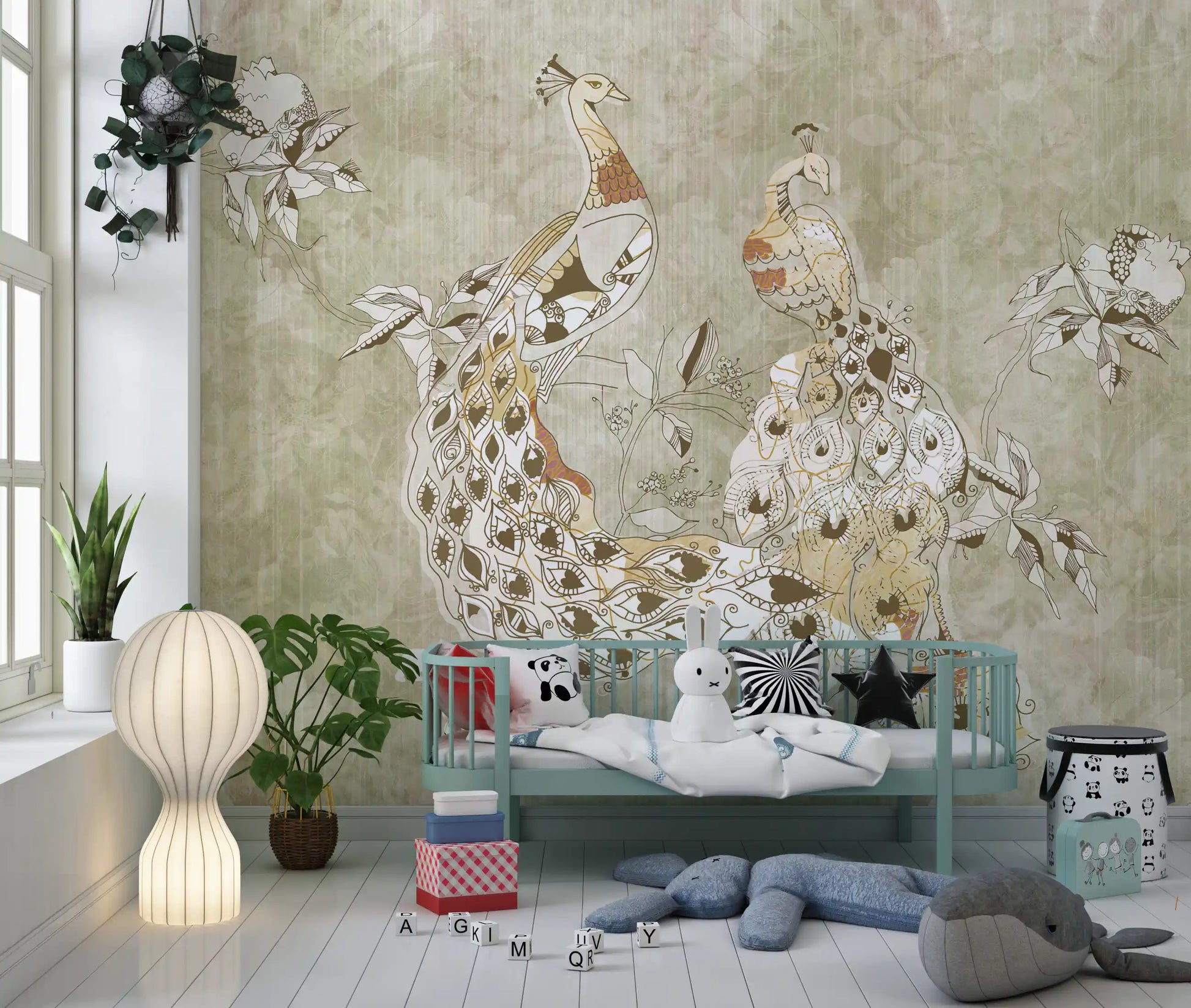Ornate Vintage Bird wall mural showing elegant feather patterns