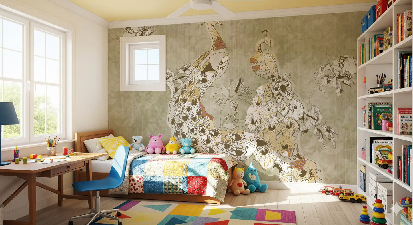 Vintage bird wall mural featuring Ornate Vintage Bird floral elements